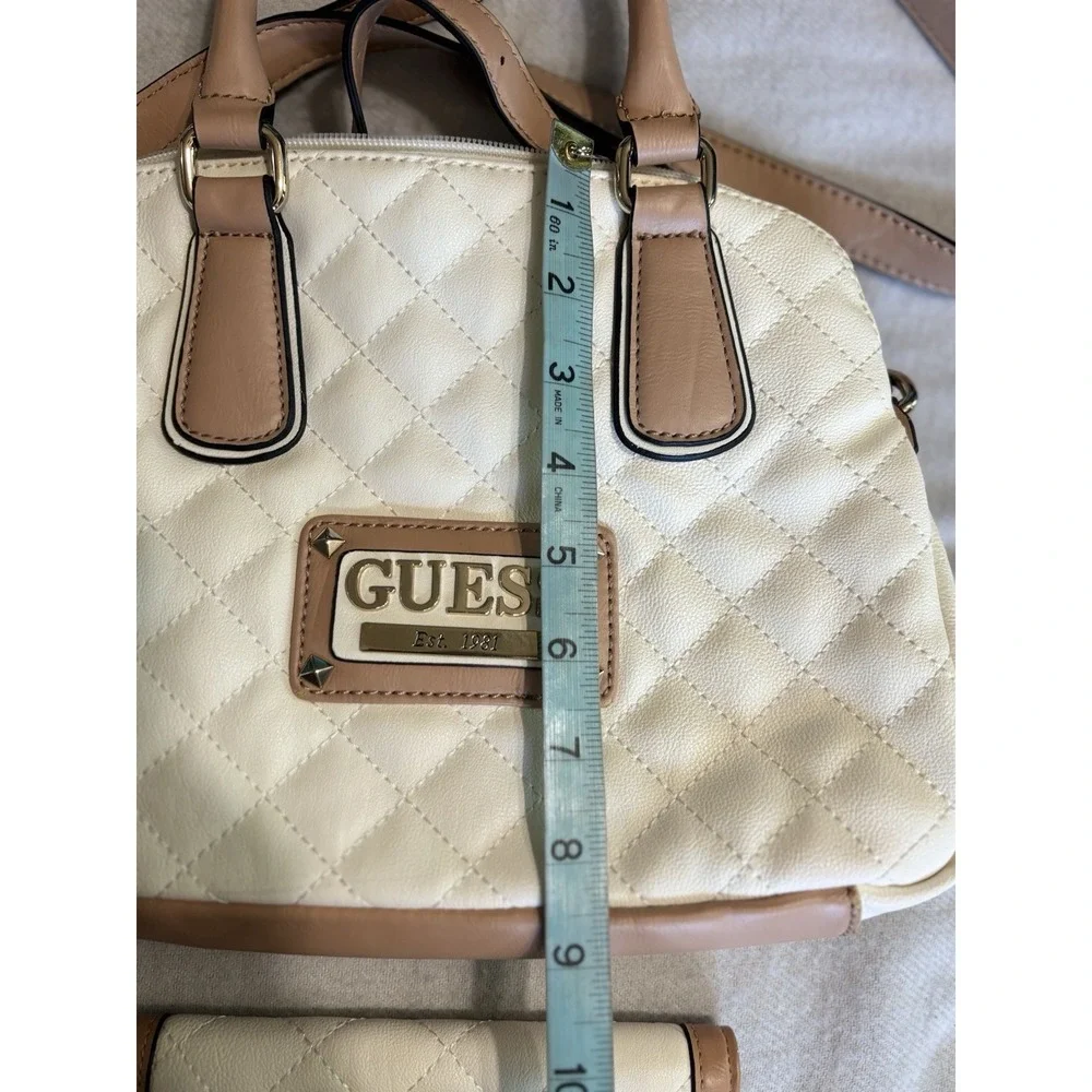 Guess Satchel Hand Bag Quilted Cream & Matching Wallet Set 2pc Logo Adj Strap